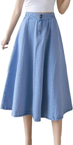 Long Denim Skirts for Womens Vintage Elastic High Waist Jeans Skirt Loose Swing A-Line