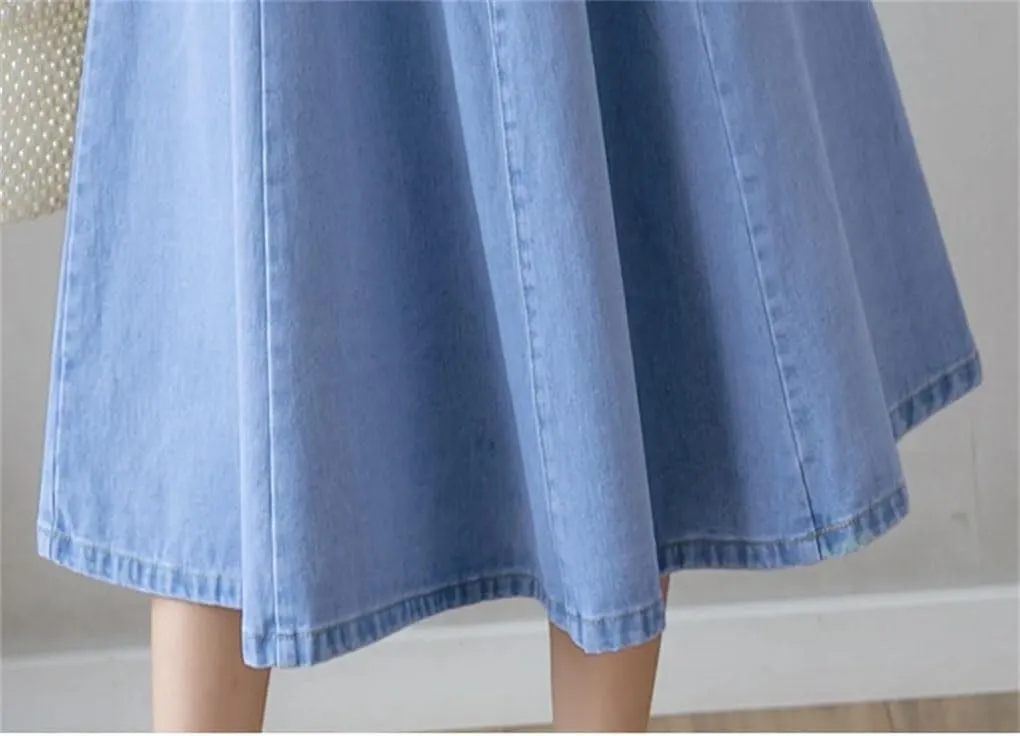 Long Denim Skirts for Womens Vintage Elastic High Waist Jeans Skirt Loose Swing A-Line