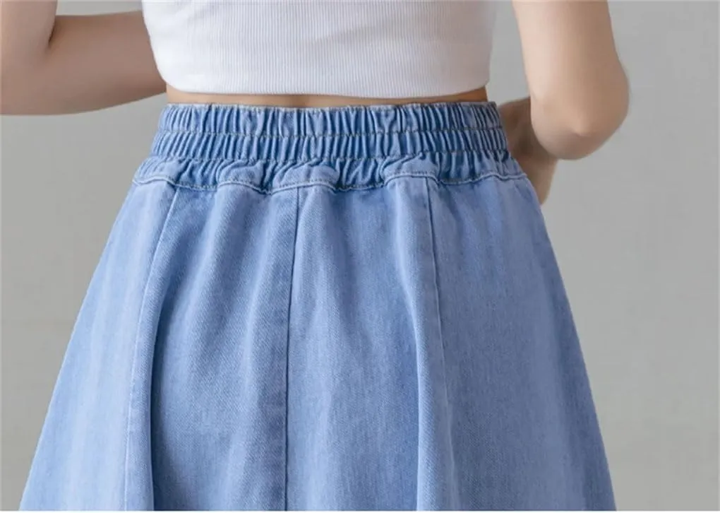 Long Denim Skirts for Womens Vintage Elastic High Waist Jeans Skirt Loose Swing A-Line