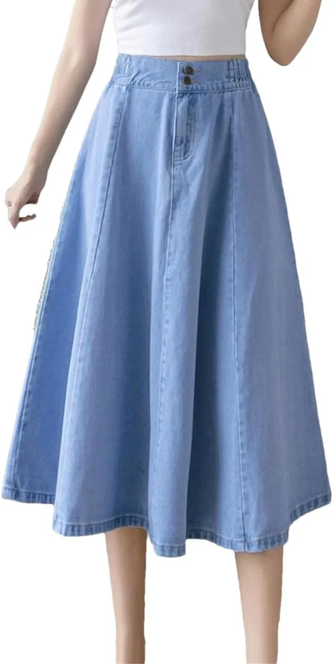 Long Denim Skirts for Womens Vintage Elastic High Waist Jeans Skirt Loose Swing A-Line