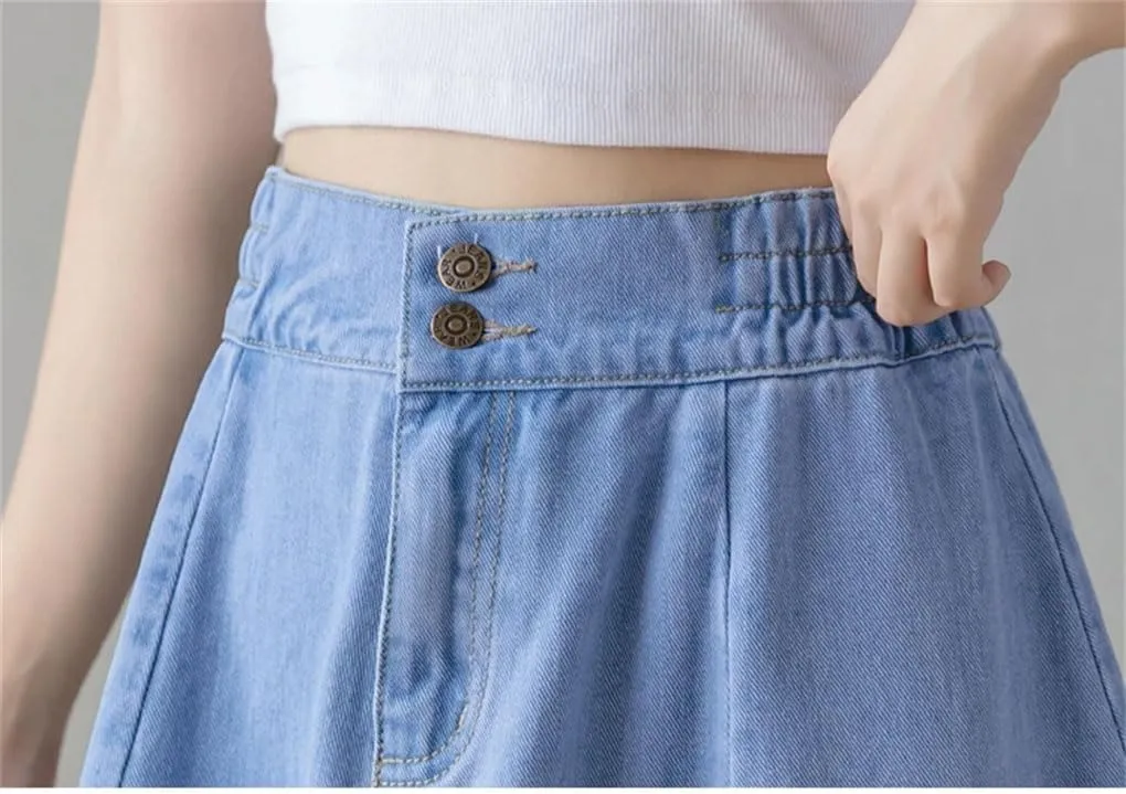 Long Denim Skirts for Womens Vintage Elastic High Waist Jeans Skirt Loose Swing A-Line