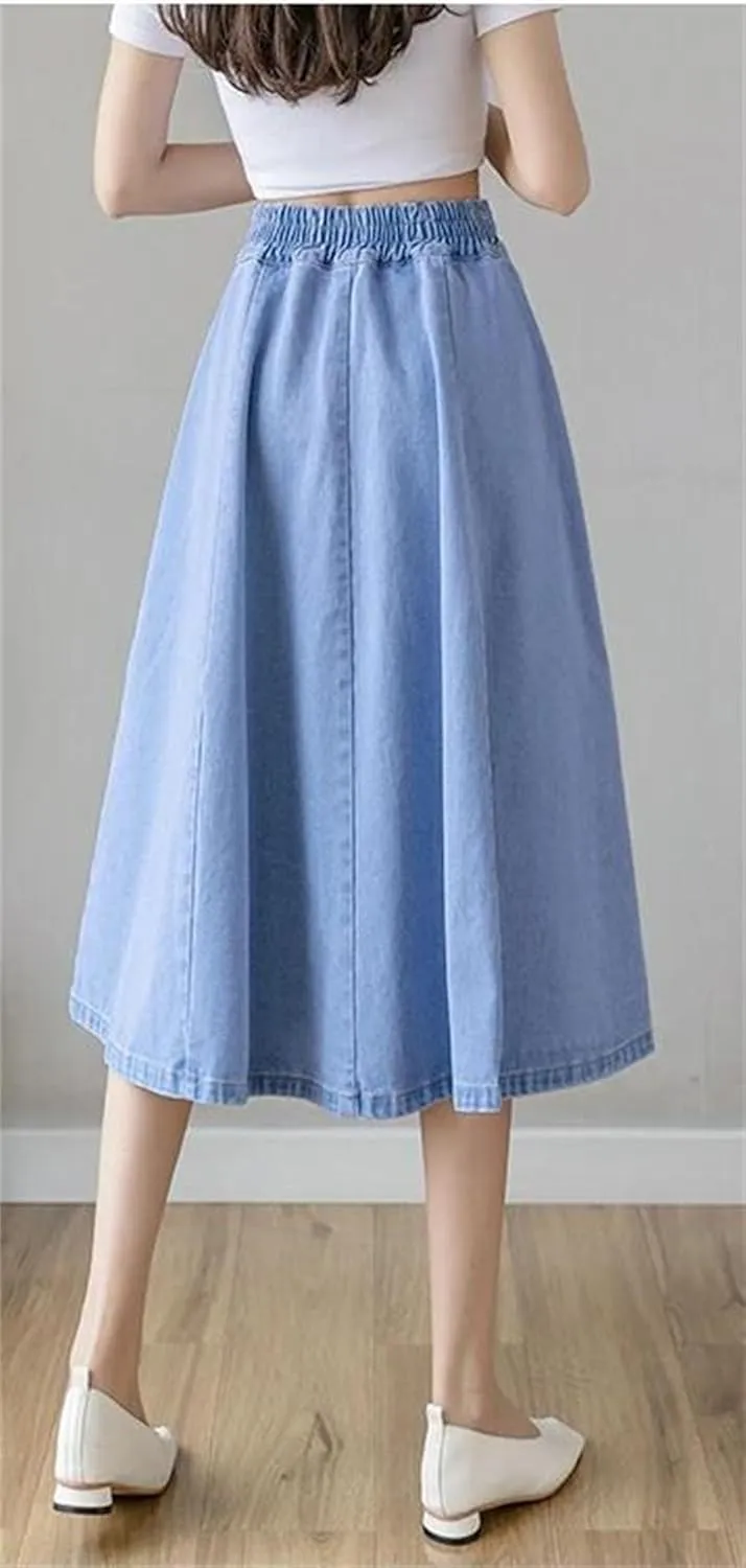 Long Denim Skirts for Womens Vintage Elastic High Waist Jeans Skirt Loose Swing A-Line