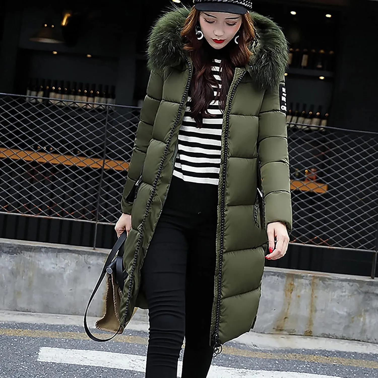 Long Puffer Coat for Women 2024 Winter Warm Thicken Down Jacket Mid Length Zip Up Fur Parka Outwear With Hood