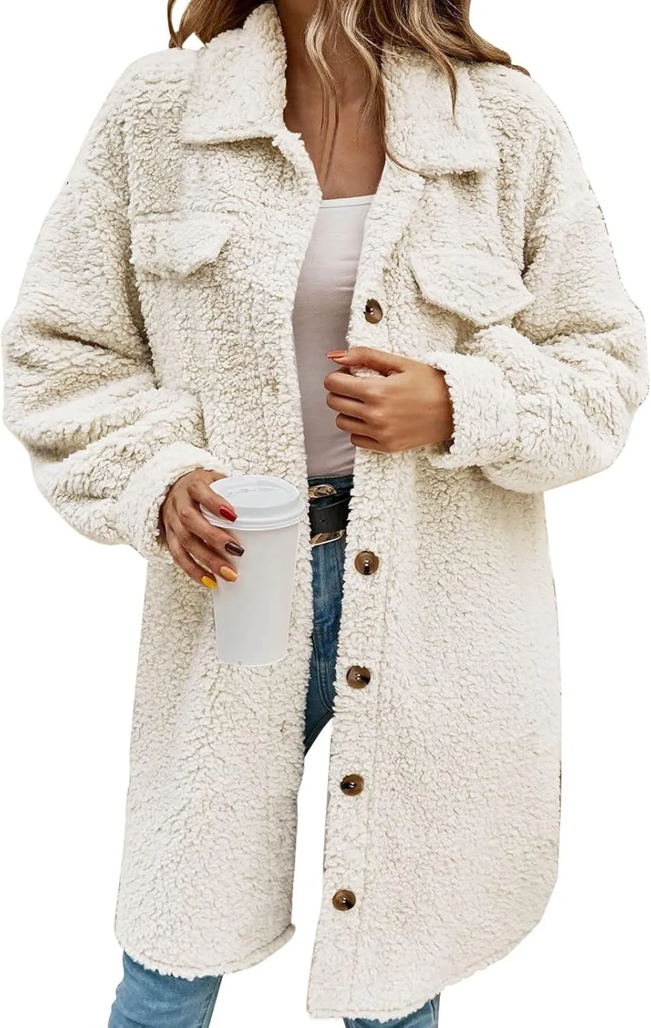 Long Winter Coats for Women Fuzzy Fleece Jacket Warm Cozy Long Sleeve Lapel Padded Outwear Loose Button Cardigan Coat