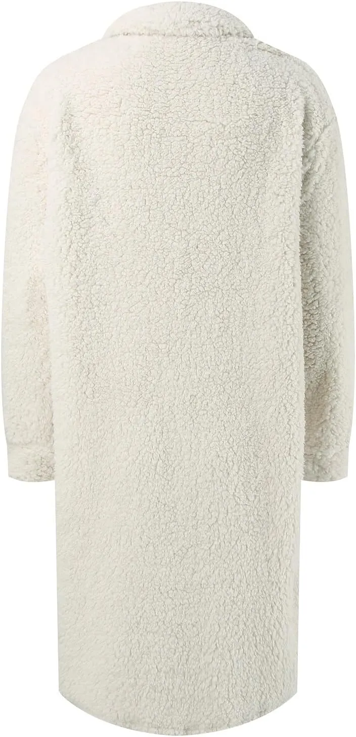 Long Winter Coats for Women Fuzzy Fleece Jacket Warm Cozy Long Sleeve Lapel Padded Outwear Loose Button Cardigan Coat