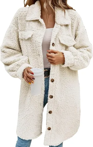 Long Winter Coats for Women Fuzzy Fleece Jacket Warm Cozy Long Sleeve Lapel Padded Outwear Loose Button Cardigan Coat