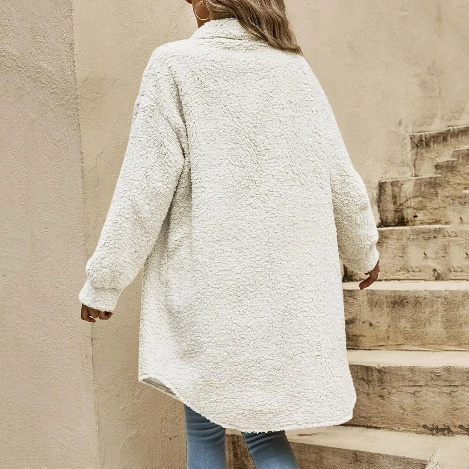 Long Winter Coats for Women Fuzzy Fleece Jacket Warm Cozy Long Sleeve Lapel Padded Outwear Loose Button Cardigan Coat