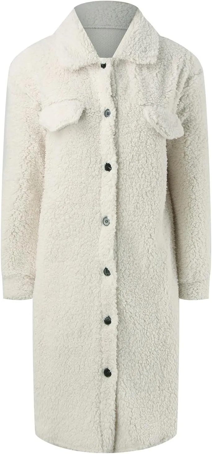 Long Winter Coats for Women Fuzzy Fleece Jacket Warm Cozy Long Sleeve Lapel Padded Outwear Loose Button Cardigan Coat