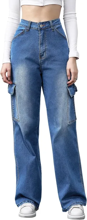 LONGYIDA Baggy Jeans for Women Stretchy High Waisted Straight Wide Leg Cargo Jeans Y2K Casual Loose Denim Cargo Pants Trousers(Dark Blue,XXL)