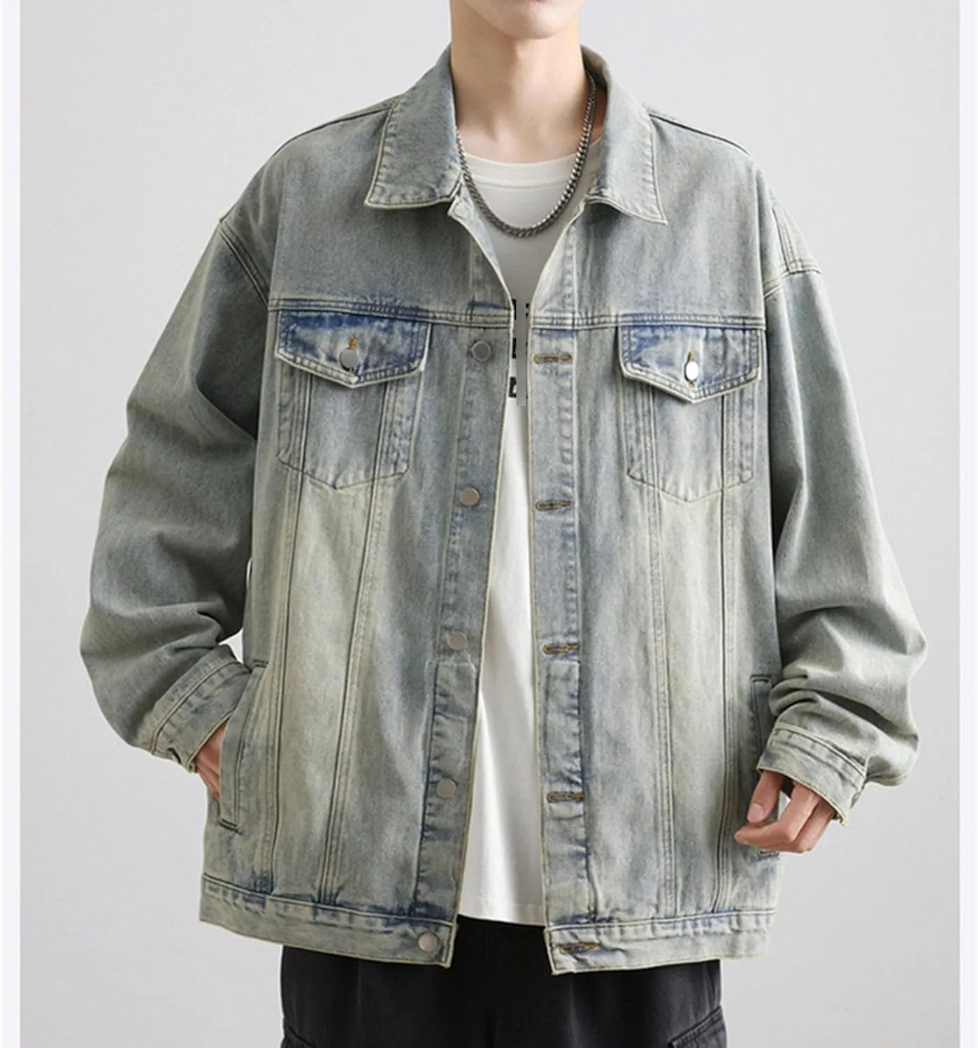 Maiyifu-GJ Men's Loose Denim Jacket Washed Distressed Denim Coat Casual Lapel Washed Button Down Trucker Jacket