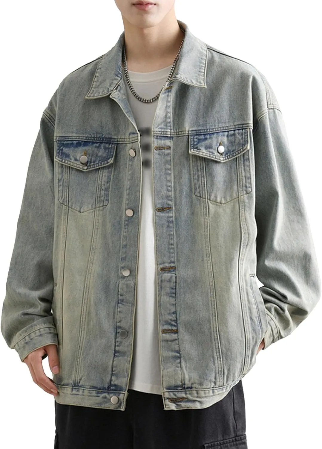 Maiyifu-GJ Men's Loose Denim Jacket Washed Distressed Denim Coat Casual Lapel Washed Button Down Trucker Jacket