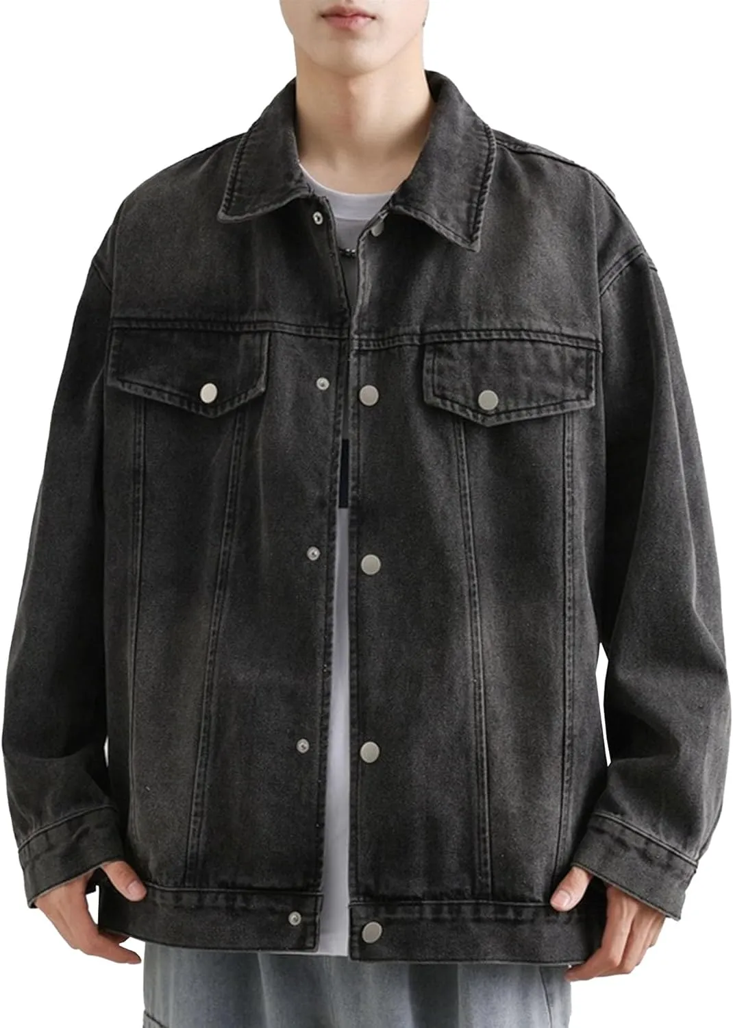 Maiyifu-GJ Men's Loose Denim Jacket Washed Distressed Denim Coat Casual Lapel Washed Button Down Trucker Jacket