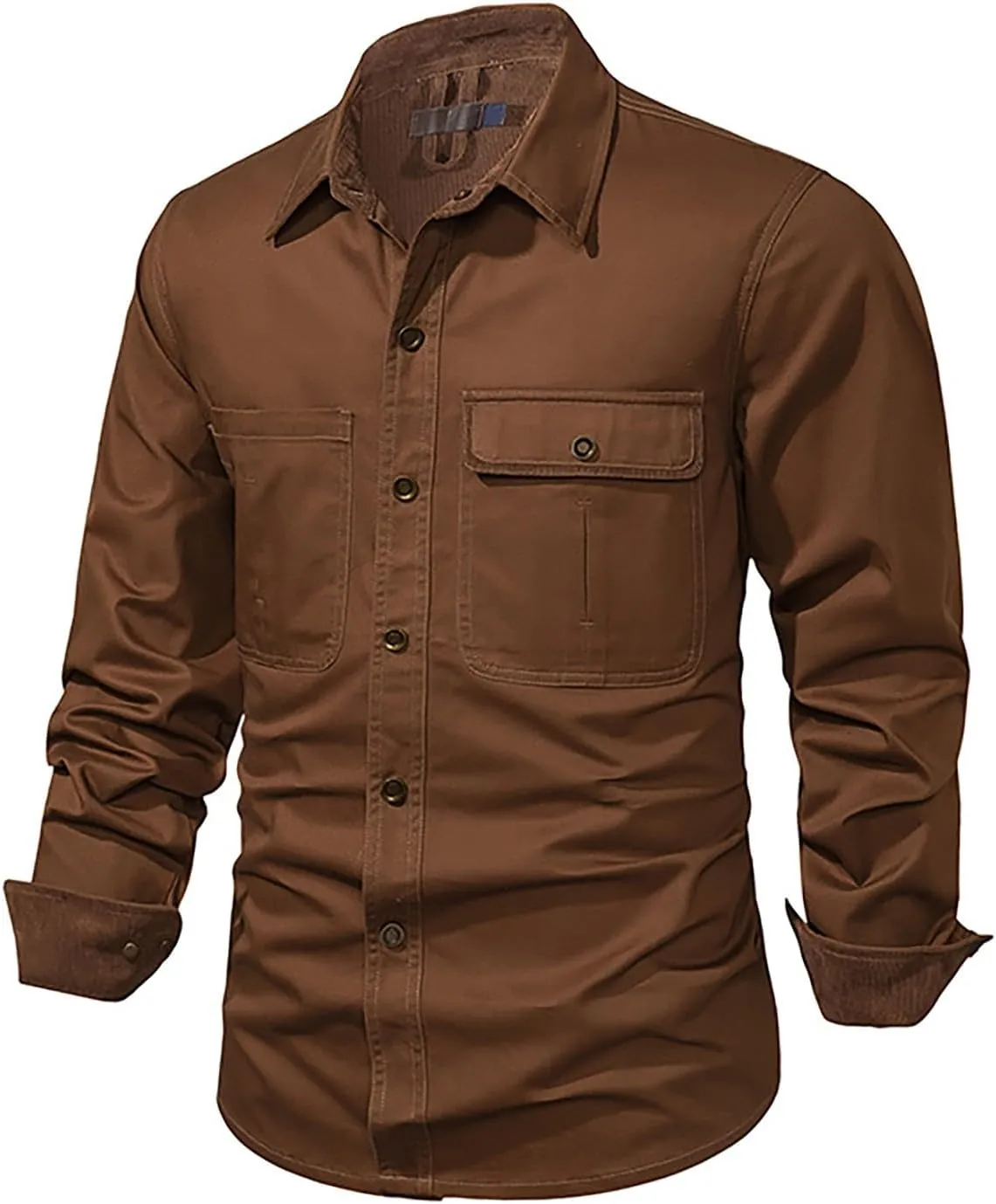 Men Cotton Shirt Casual Long Sleeve Metal Buttons Dress Shirts Stylish Colorblock Work Blouse Tees with Chest Pockets