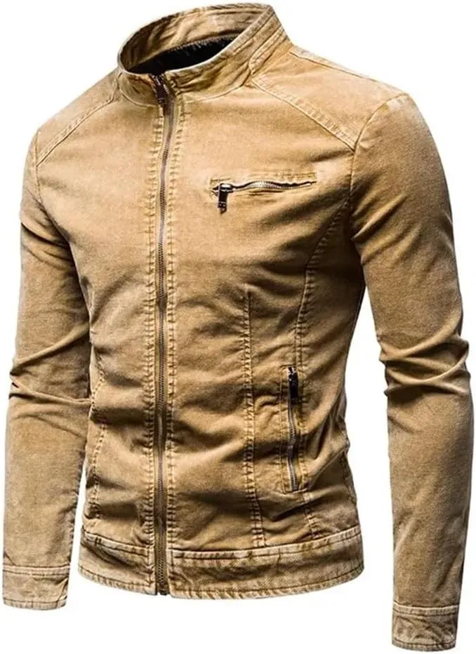 Men Denim Jacket Slim Fit Stand Collar Cotton Vintage Streetwear Coats