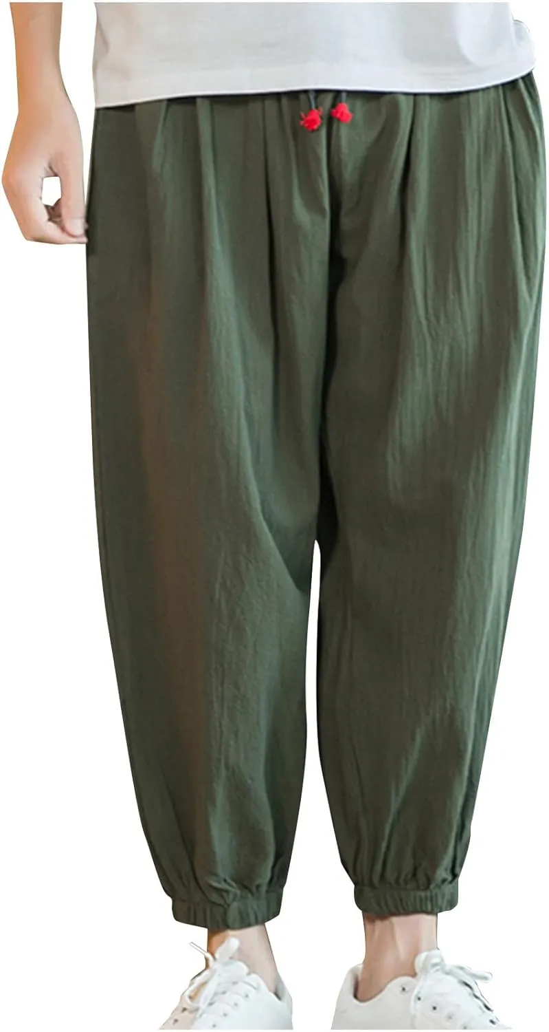 Men Drawstring Pants Summer Baggy Boho Solid Yoga Pants Loose Casual Elastic Waist Tapered Trouser with Pockets