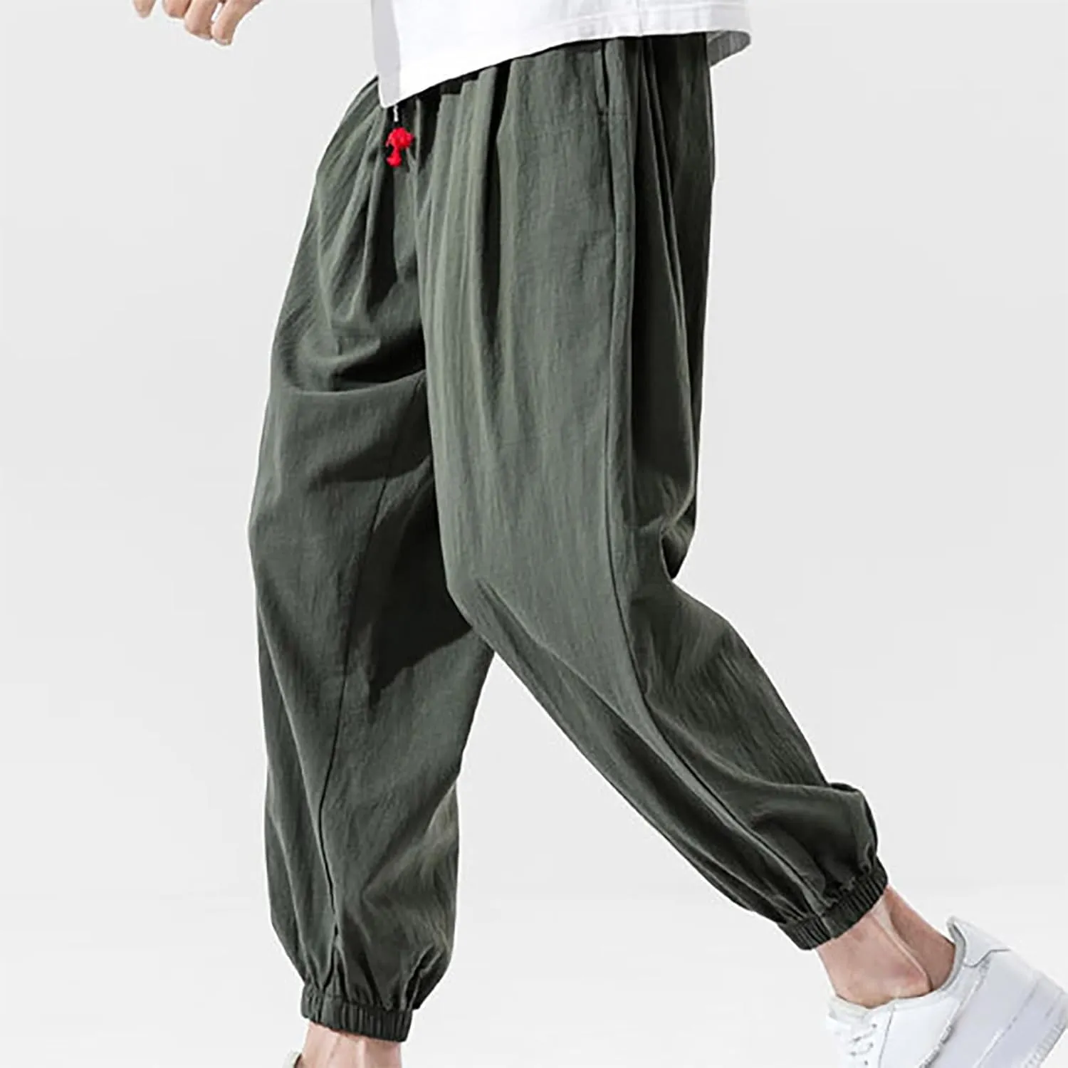 Men Drawstring Pants Summer Baggy Boho Solid Yoga Pants Loose Casual Elastic Waist Tapered Trouser with Pockets