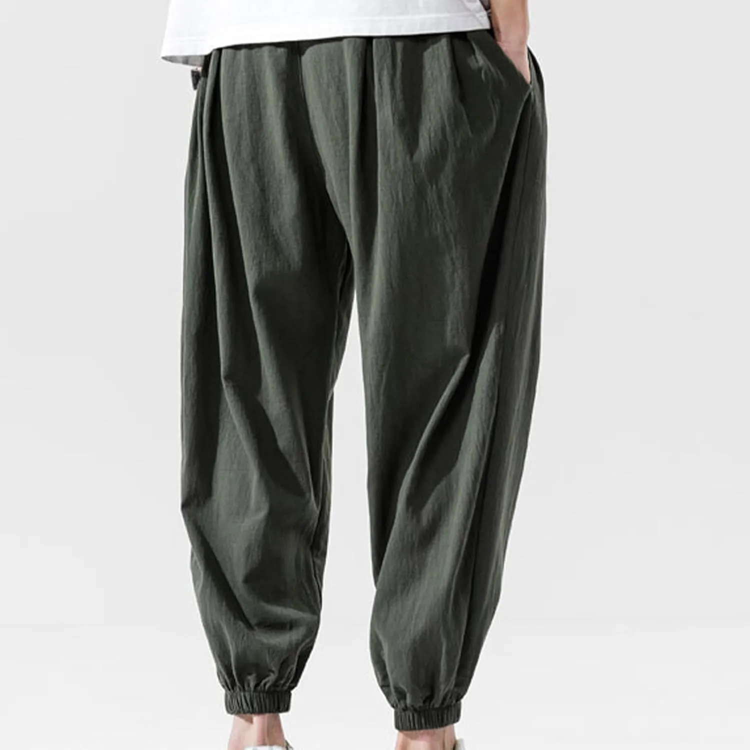 Men Drawstring Pants Summer Baggy Boho Solid Yoga Pants Loose Casual Elastic Waist Tapered Trouser with Pockets
