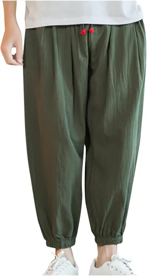 Men Drawstring Pants Summer Baggy Boho Solid Yoga Pants Loose Casual Elastic Waist Tapered Trouser with Pockets