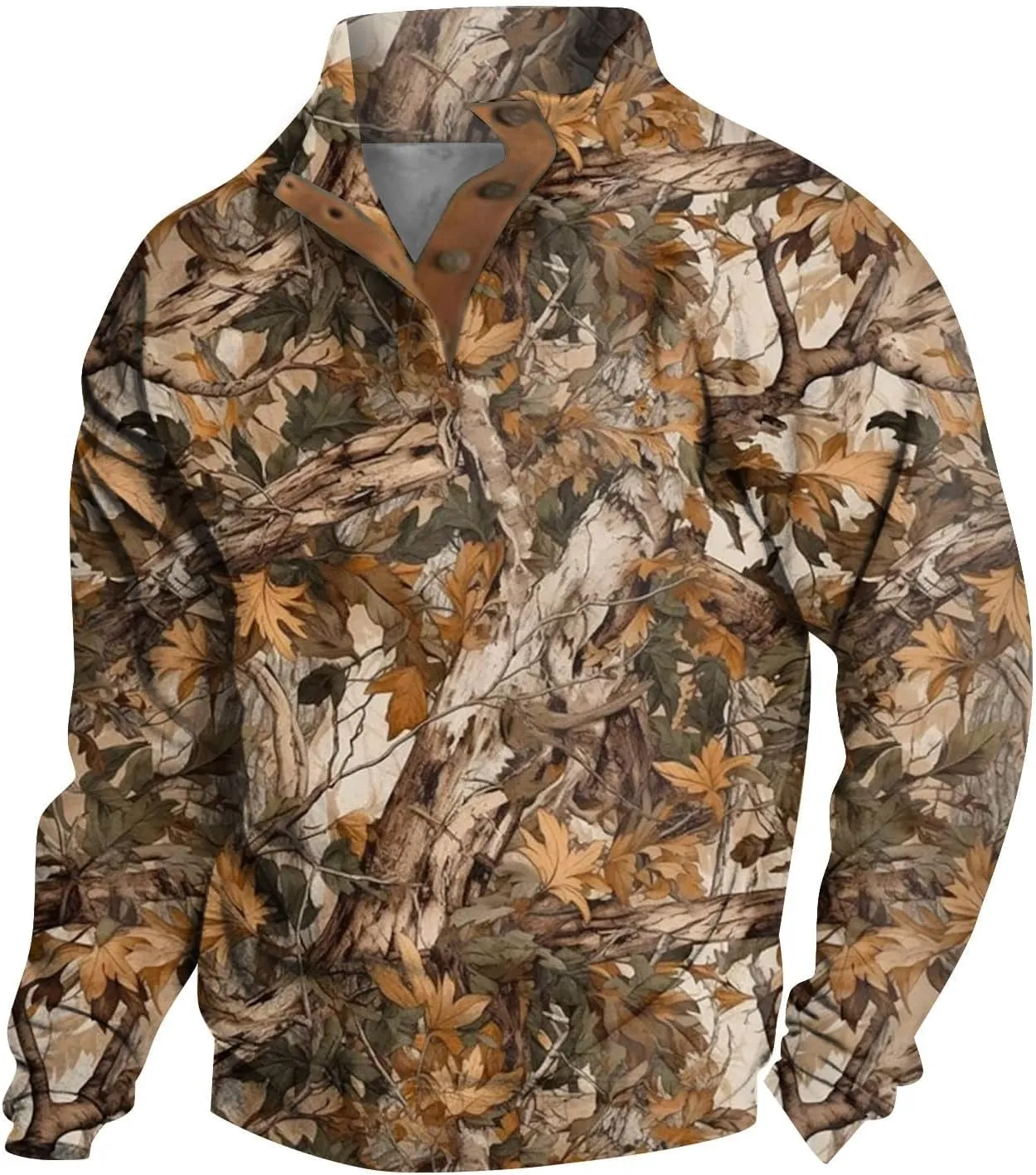 Mens Camo Sweatshirt Stand Collar Pullover, Buckle Closure, for Camouflage Training Clothes and Outdoor Sportswear