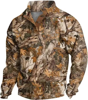 Mens Camo Sweatshirt Stand Collar Pullover, Buckle Closure, for Camouflage Training Clothes and Outdoor Sportswear