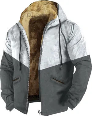 Mens Coats Winter Color Block Zipper Hooded Warm Windbreaker Jackets Oversized Heavy Hoodie