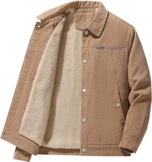 Men's Corduroy Fleece Cargo Jacket Winter Bomber Jacket Snap Button Lapel Sherpa Lined Trucker Cowboy Coat with Pocket