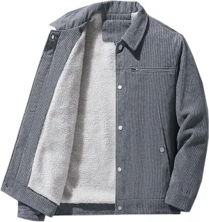 Men's Corduroy Fleece Cargo Jacket Winter Bomber Jacket Snap Button Lapel Sherpa Lined Trucker Cowboy Coat with Pocket