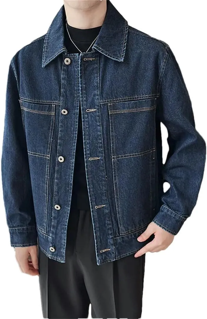 Men's Cotton Long Sleeve Loose Jeans Flip Collar Social Streetwear Harajuku Denim Jacket