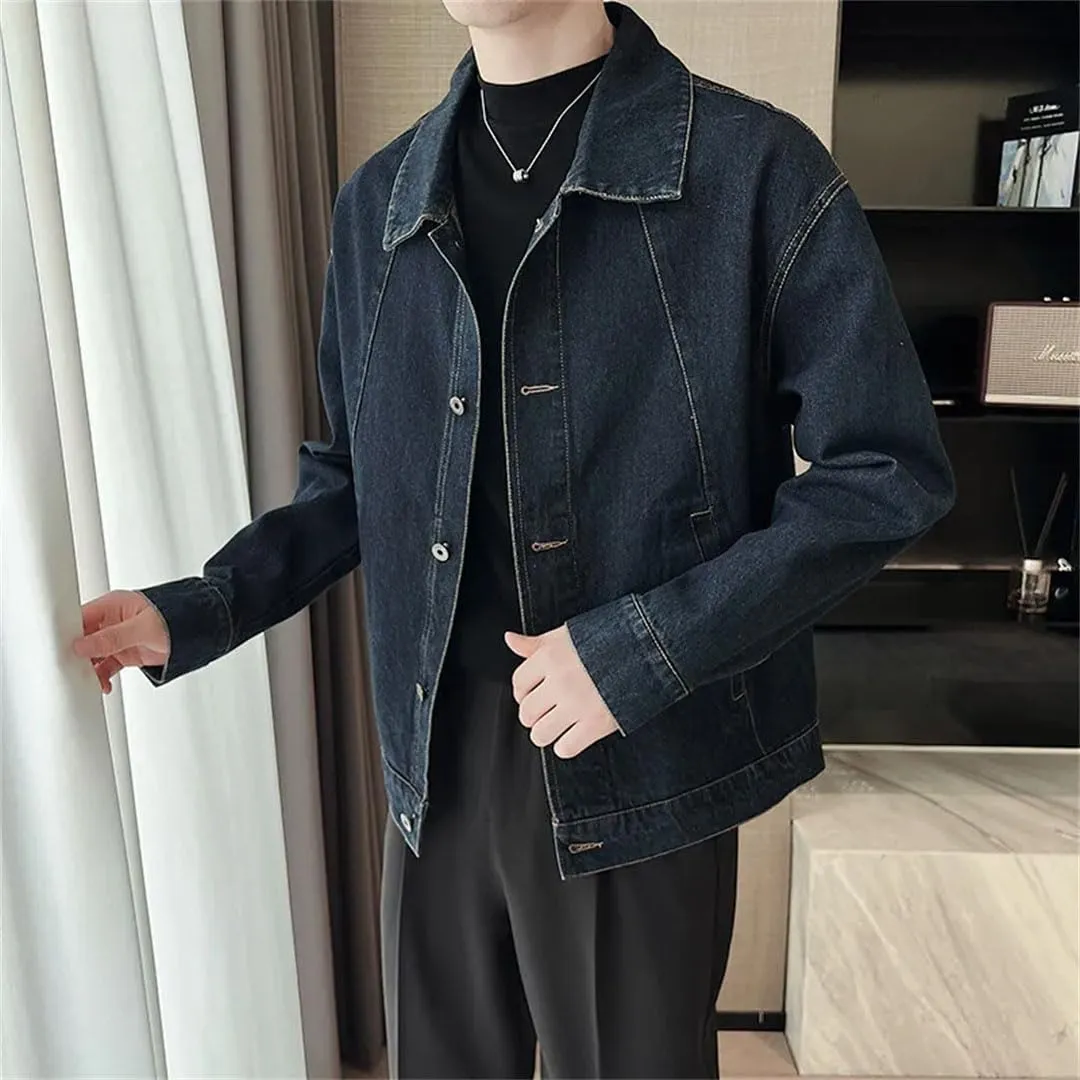 Men's Cotton Long Sleeve Loose Jeans Flip Collar Social Streetwear Harajuku Denim Jacket