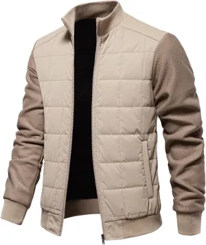 Men's Diamond Quilted Bomber Jacket Thick Fleece-Lined Varsity Coat Stand Collar Design