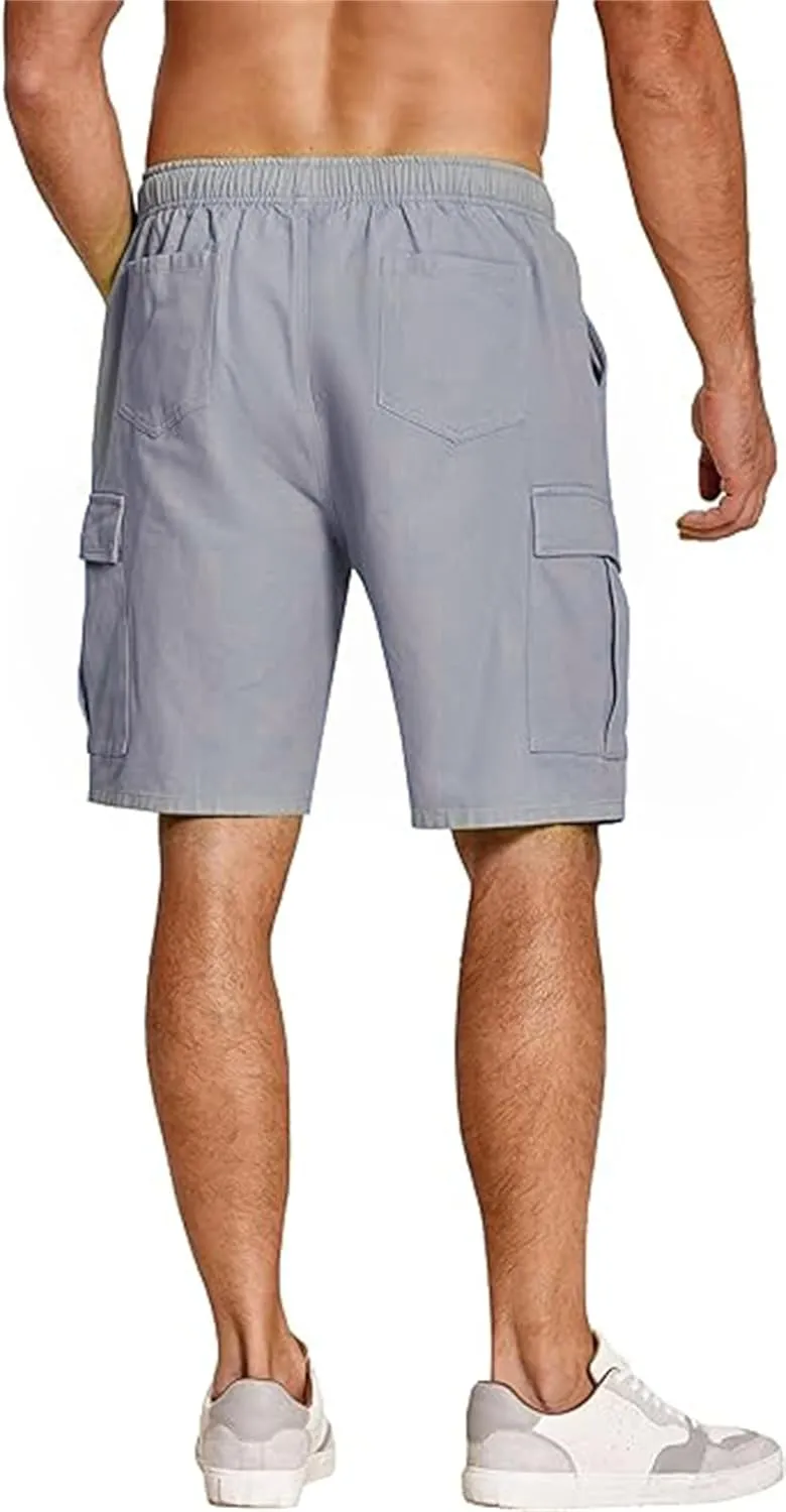 Mens Elastic Waist Cargo Shorts Relaxed Fit Cotton Multi Pocket Lightweight Quick Dry for Running Hiking Gym