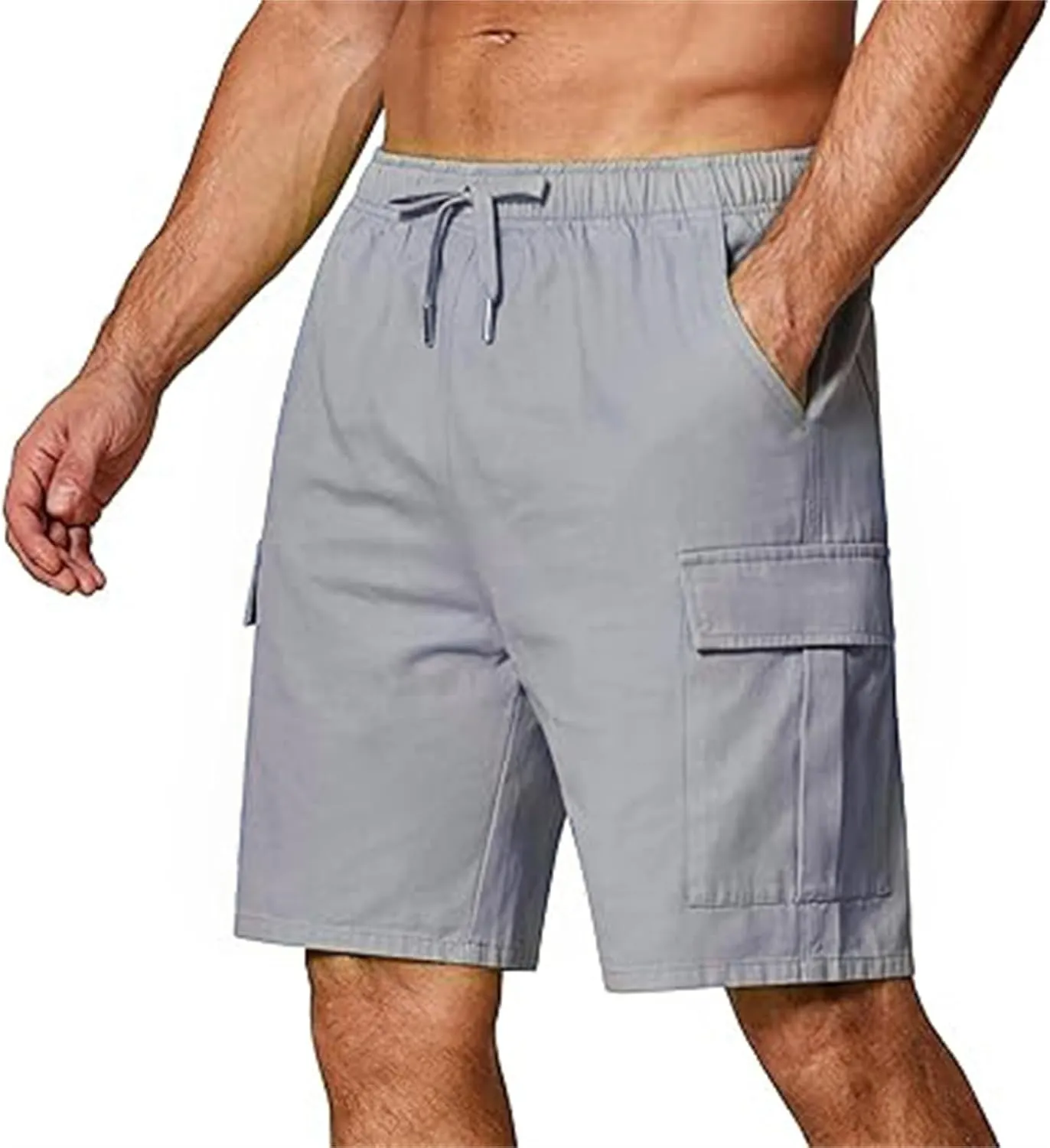 Mens Elastic Waist Cargo Shorts Relaxed Fit Cotton Multi Pocket Lightweight Quick Dry for Running Hiking Gym