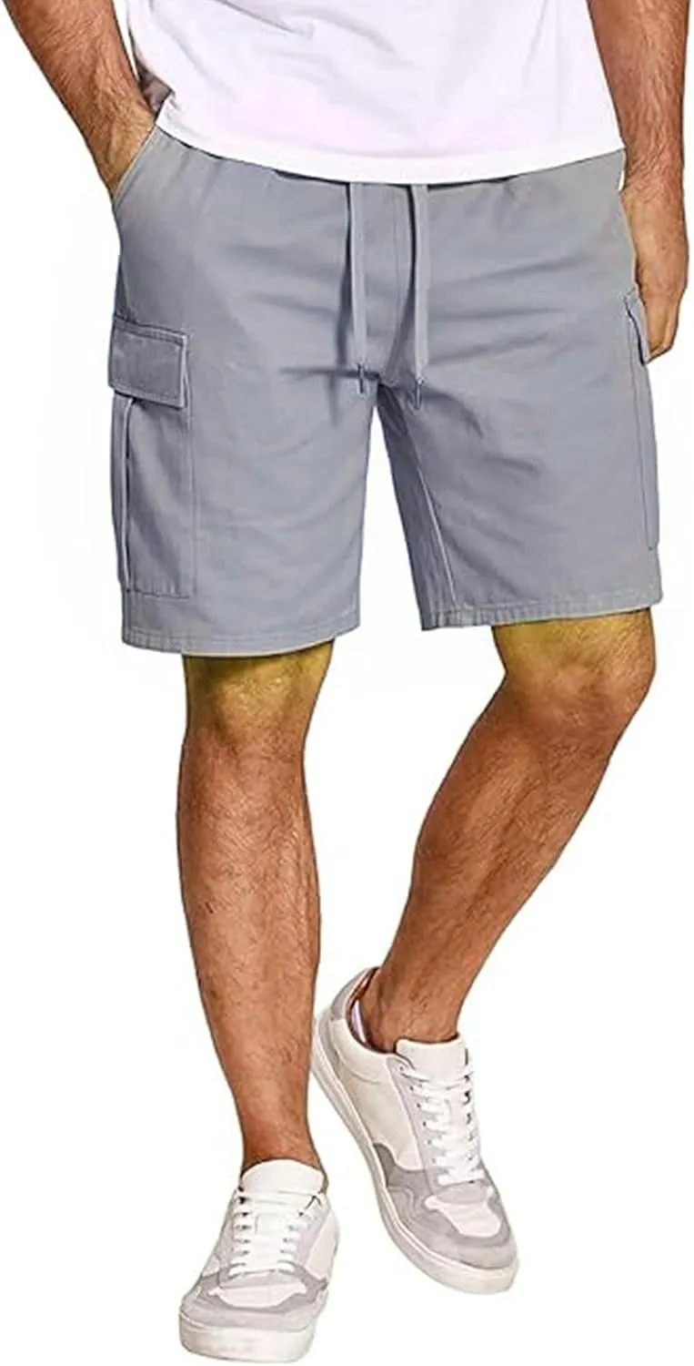 Mens Elastic Waist Cargo Shorts Relaxed Fit Cotton Multi Pocket Lightweight Quick Dry for Running Hiking Gym