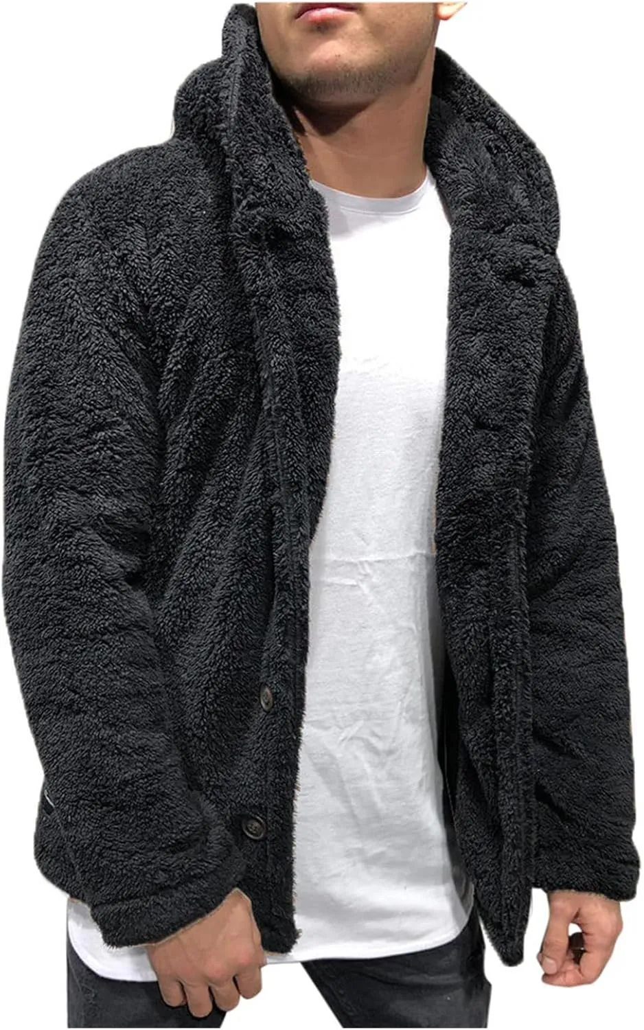 Mens Fuzzy Sherpa Jacket Hoodie Fluffy Fleece Open Front Cardigan Button Down Warm Thick Coats Fall Outwear for Men