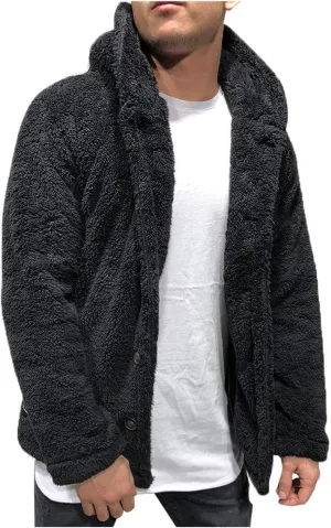 Mens Fuzzy Sherpa Jacket Hoodie Fluffy Fleece Open Front Cardigan Button Down Warm Thick Coats Fall Outwear for Men