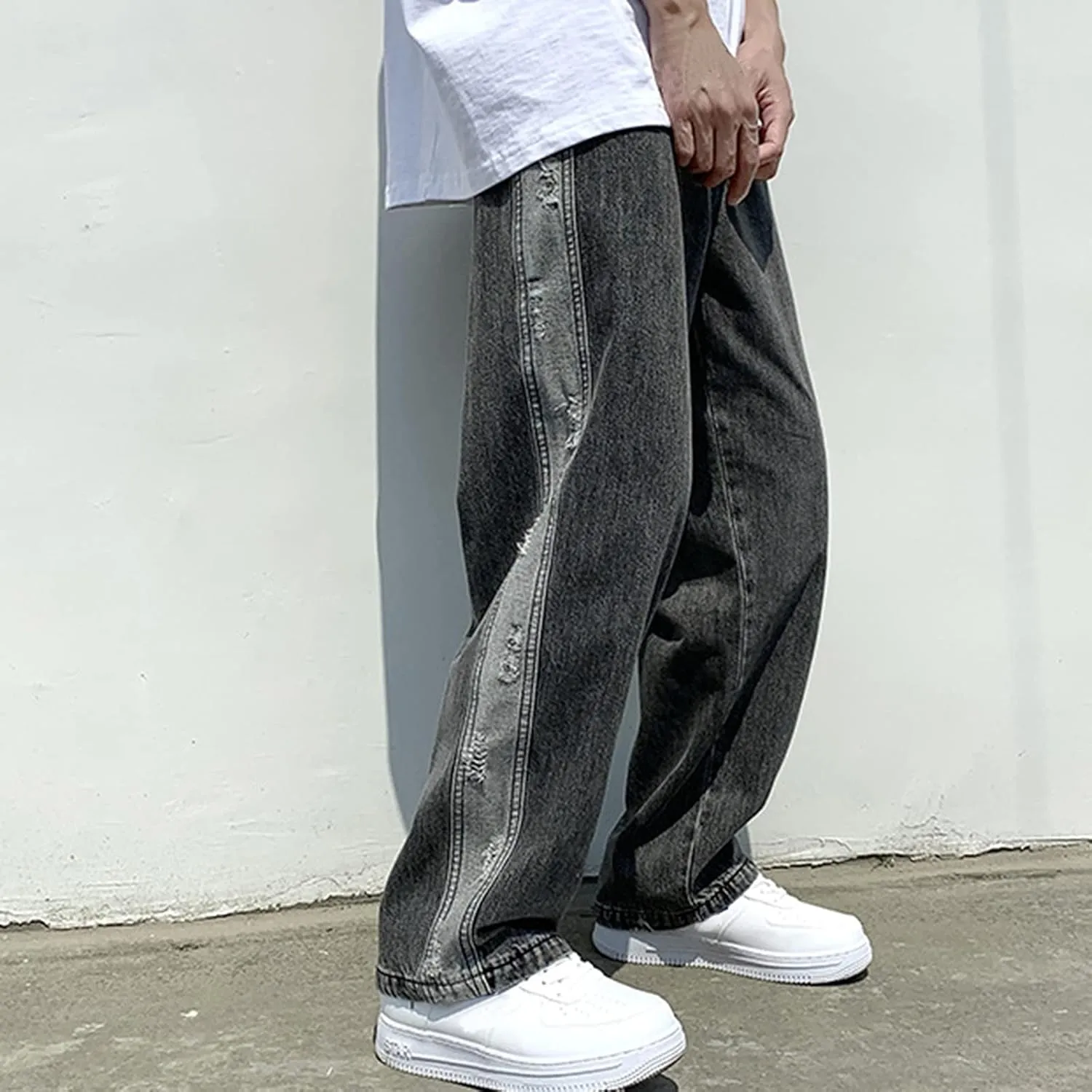 Mens Jeans Slim Straight Leg Classic Denim Jeans Comfort Flexible Pants Relaxed Wide Leg Denim Trouser Streetwear