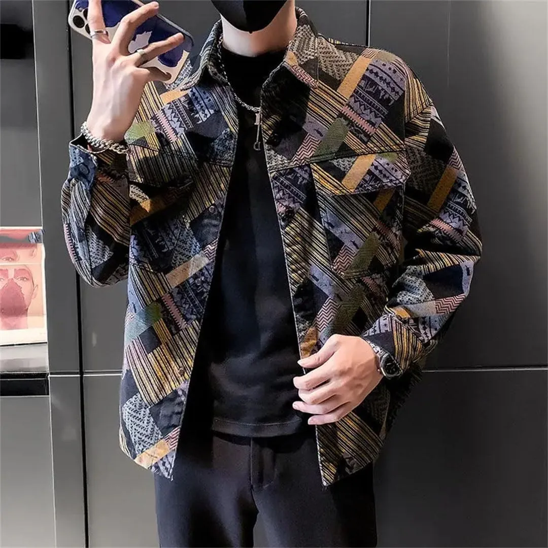Men's Lapel Pockets Printed Geometric Clothing Loose Punk Denim Tops Coats