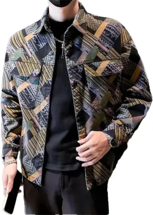 Men's Lapel Pockets Printed Geometric Clothing Loose Punk Denim Tops Coats
