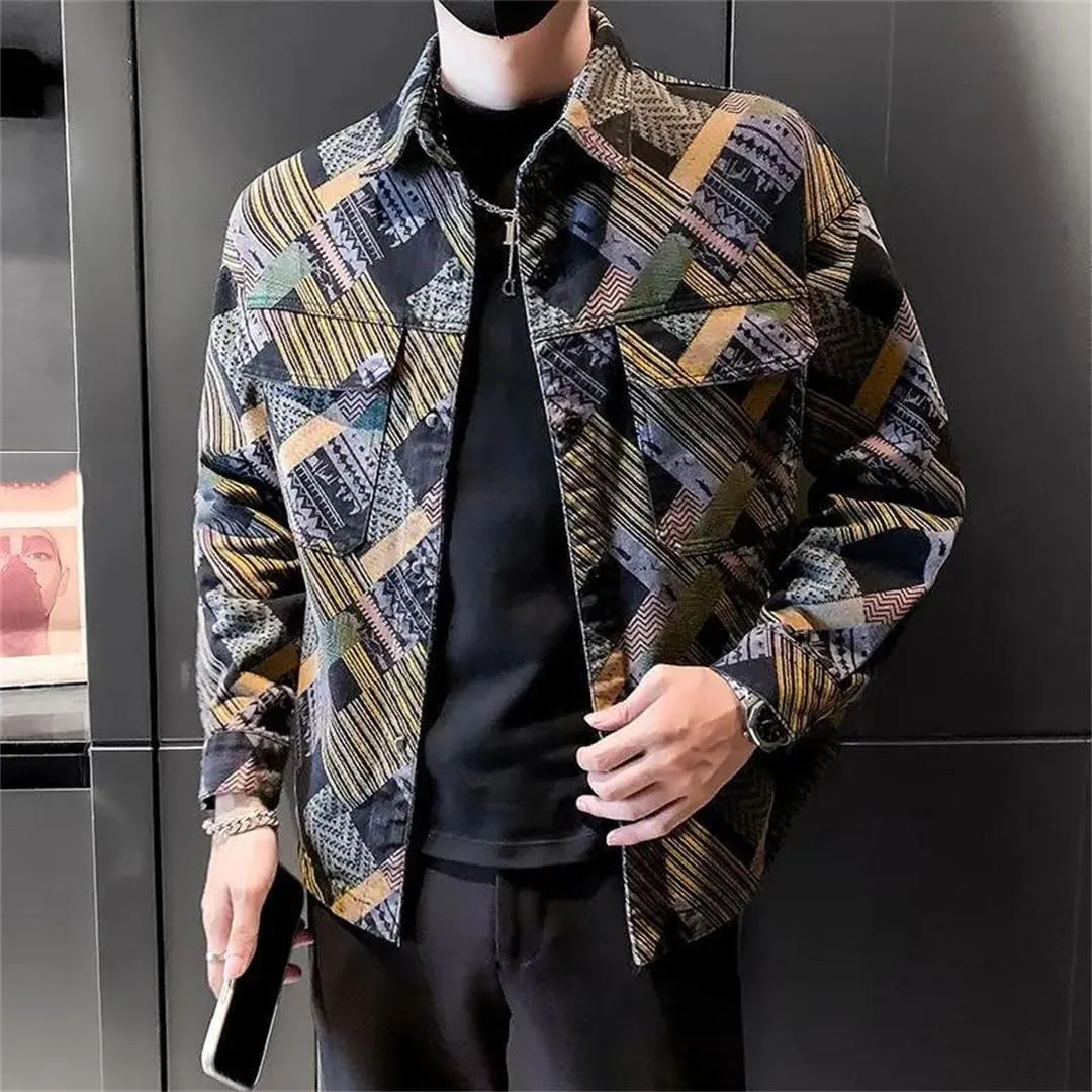 Men's Lapel Pockets Printed Geometric Clothing Loose Punk Denim Tops Coats