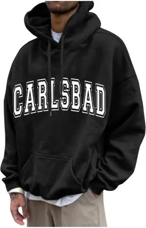 Men's Letter Graphic Print Hoodie Casual Long Sleeve Pullover Oversize New York Sweatshirt Pocket Drawstring Top