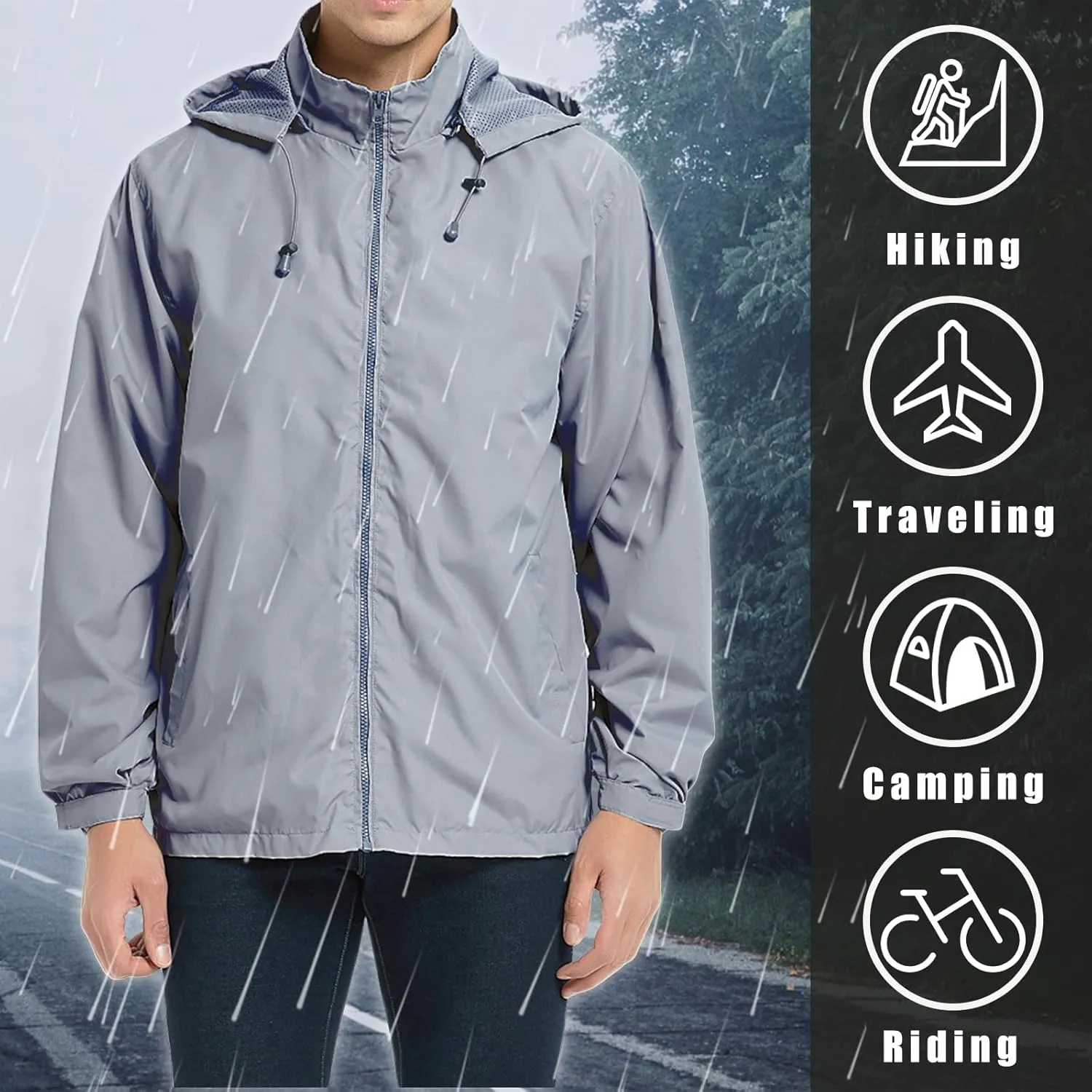 Mens Lightweight Jackets Windbreaker Waterproof Rain Jacket Casual Hiking Travel Raincoat Oversized Outdoor Packable