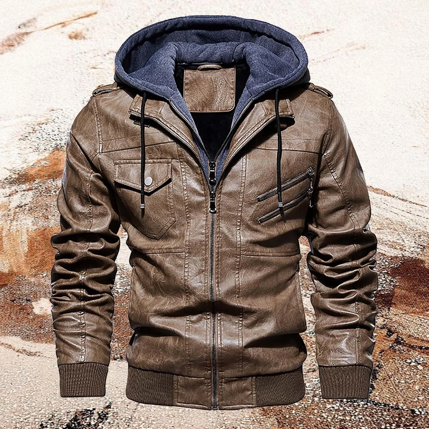 Men's Lightweight Waterproof Hooded Leather Jacket Lightweight Lightweight Jackets Windbreaker Fleece Lined Western Coat