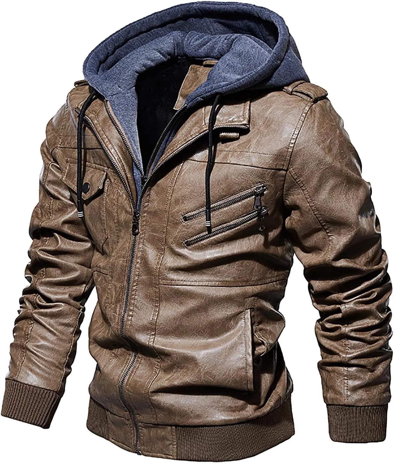 Men's Lightweight Waterproof Hooded Leather Jacket Lightweight Lightweight Jackets Windbreaker Fleece Lined Western Coat