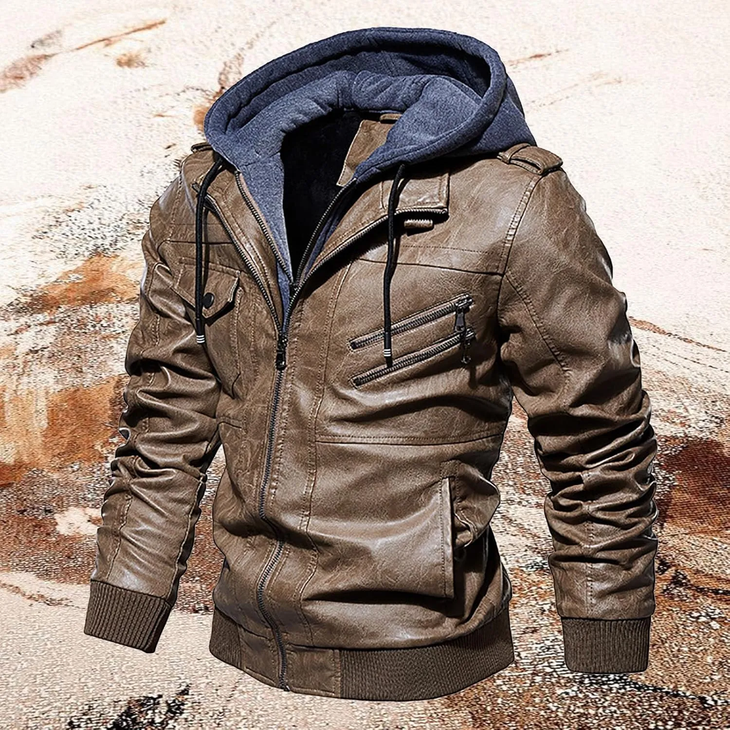 Men's Lightweight Waterproof Hooded Leather Jacket Lightweight Lightweight Jackets Windbreaker Fleece Lined Western Coat