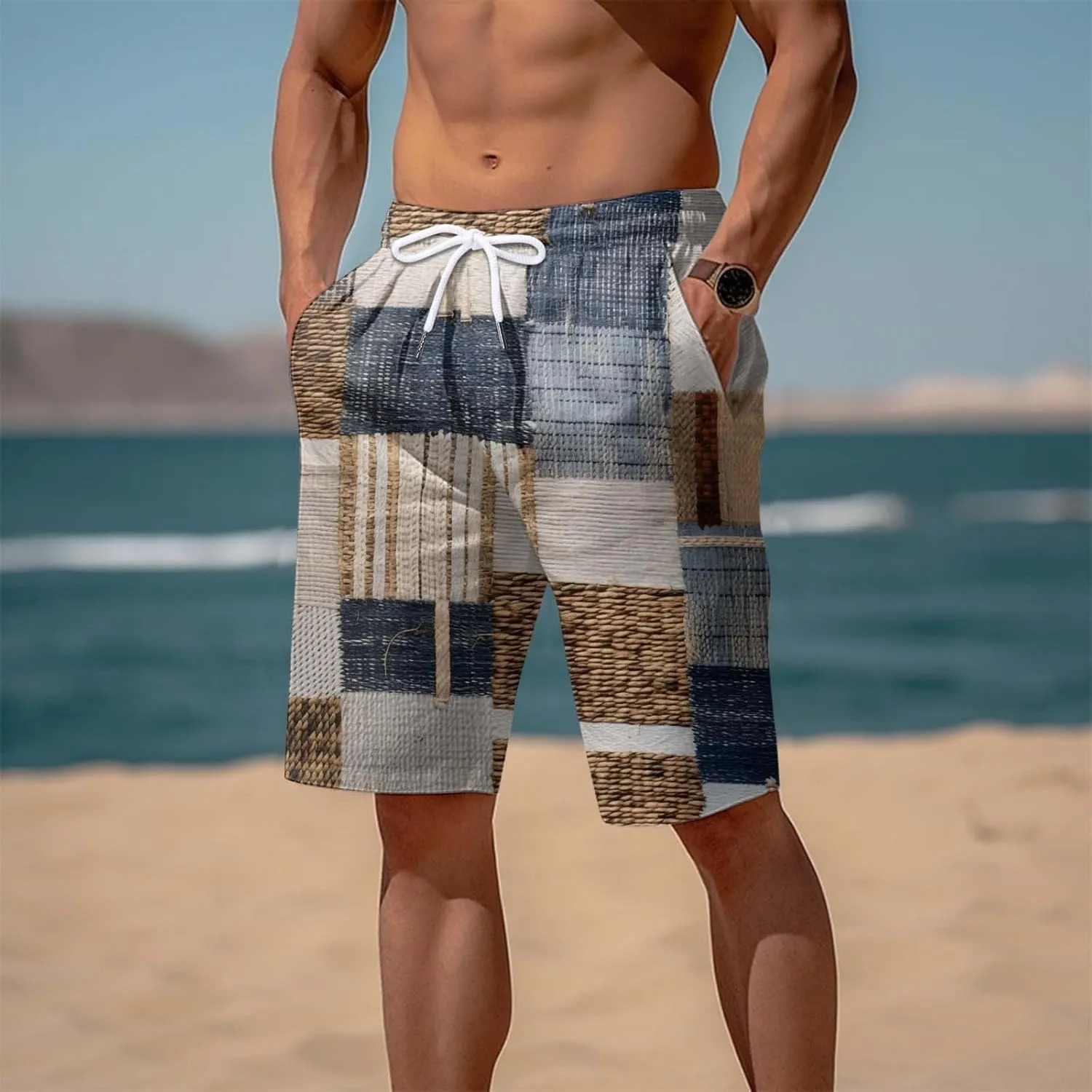 Men's Linen Cotton Shorts Drawstring Waist Plaid Gingham Bermuda Shorts Casual Boho Summer Beach Trunks Relaxed Fit