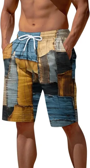Men's Linen Cotton Shorts Drawstring Waist Plaid Gingham Bermuda Shorts Casual Boho Summer Beach Trunks Relaxed Fit