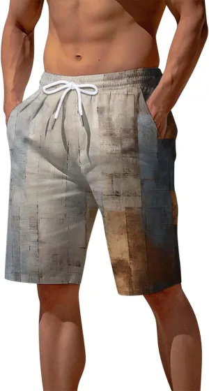 Men's Linen Cotton Shorts Drawstring Waist Plaid Gingham Bermuda Shorts Casual Boho Summer Beach Trunks Relaxed Fit