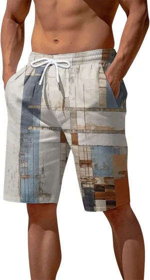 Men's Linen Cotton Shorts Drawstring Waist Plaid Gingham Bermuda Shorts Casual Boho Summer Beach Trunks Relaxed Fit