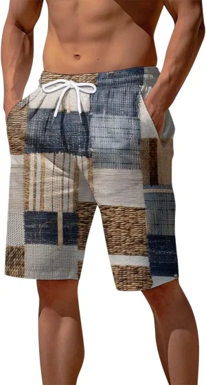 Men's Linen Cotton Shorts Drawstring Waist Plaid Gingham Bermuda Shorts Casual Boho Summer Beach Trunks Relaxed Fit