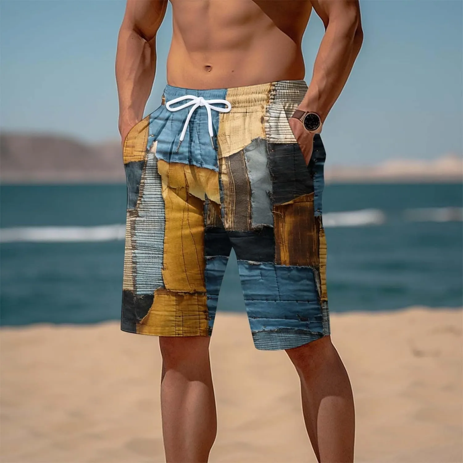 Men's Linen Cotton Shorts Drawstring Waist Plaid Gingham Bermuda Shorts Casual Boho Summer Beach Trunks Relaxed Fit